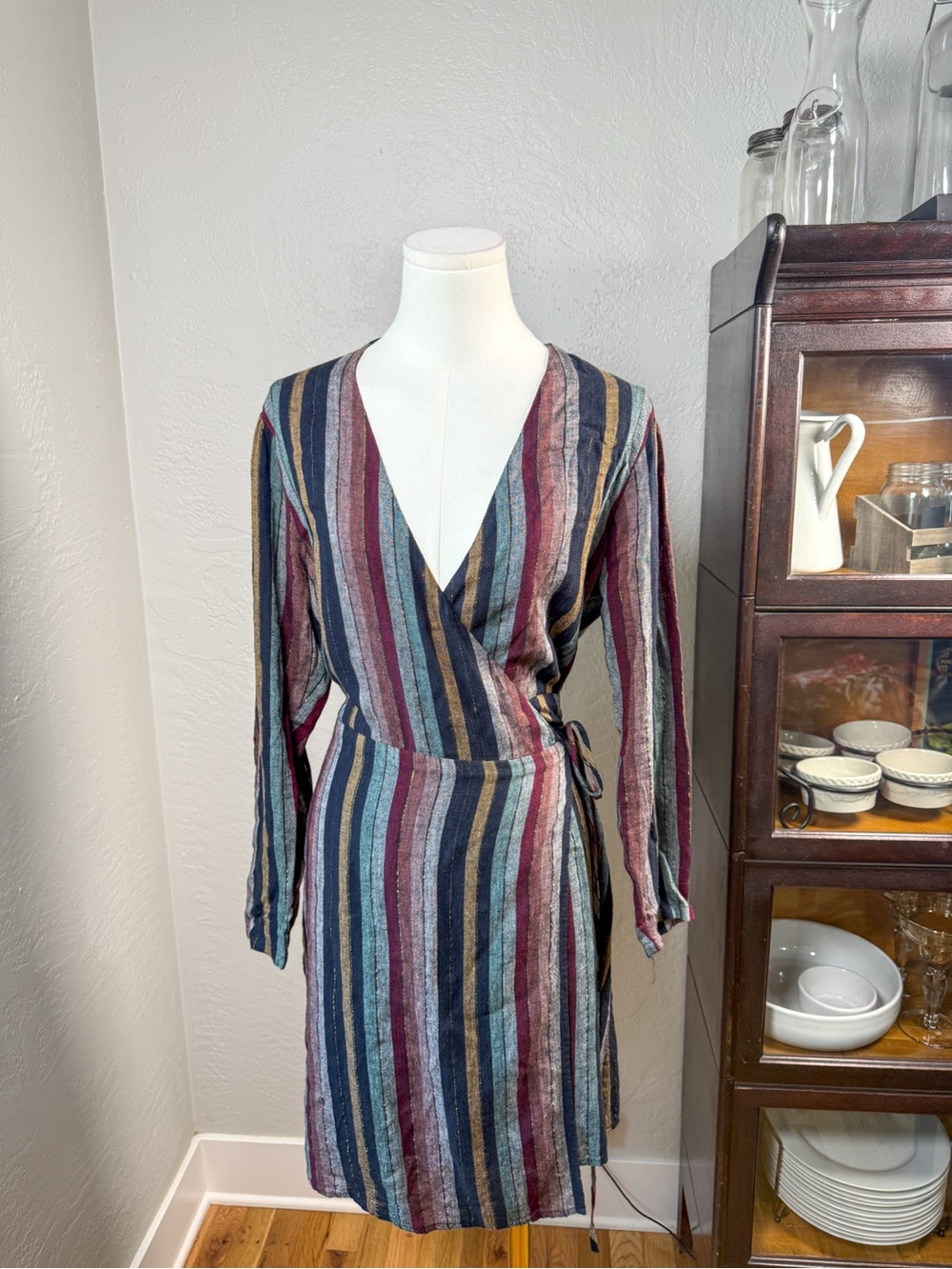 Rails Lola Metallic Stripe Wrap Dress Long Sleeve Multicolor Size M